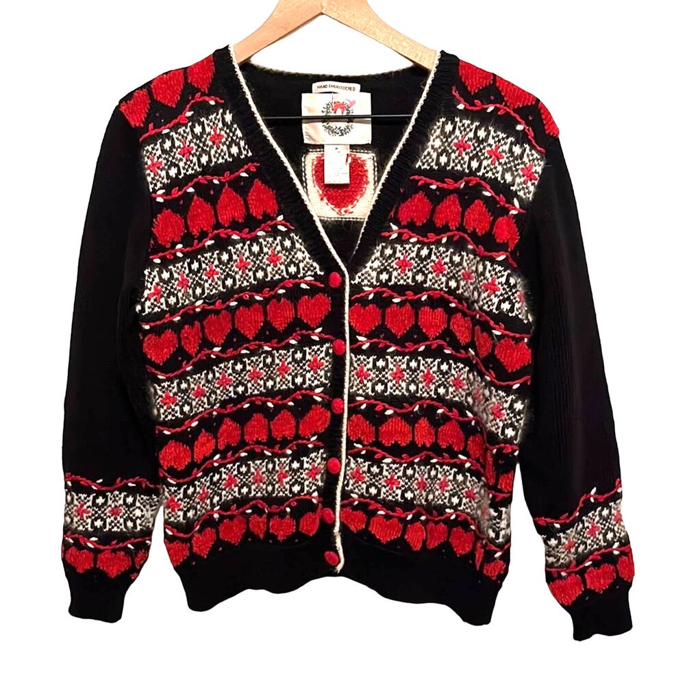 Vtg Valentines Day Lovecore Sweater Medium Hand Embroidered Cardigan Ramie Knit